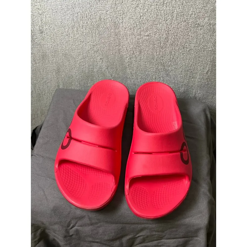 OOFOS OOahh Sport Slide Sandals Razz Fade Recovery Comfort Pink Red Slides 10